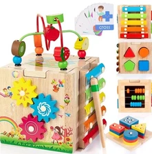 NEW! Bravmate Wooden Activity Cube, 8-in-1 Wooden Montessori Baby Learning Toy