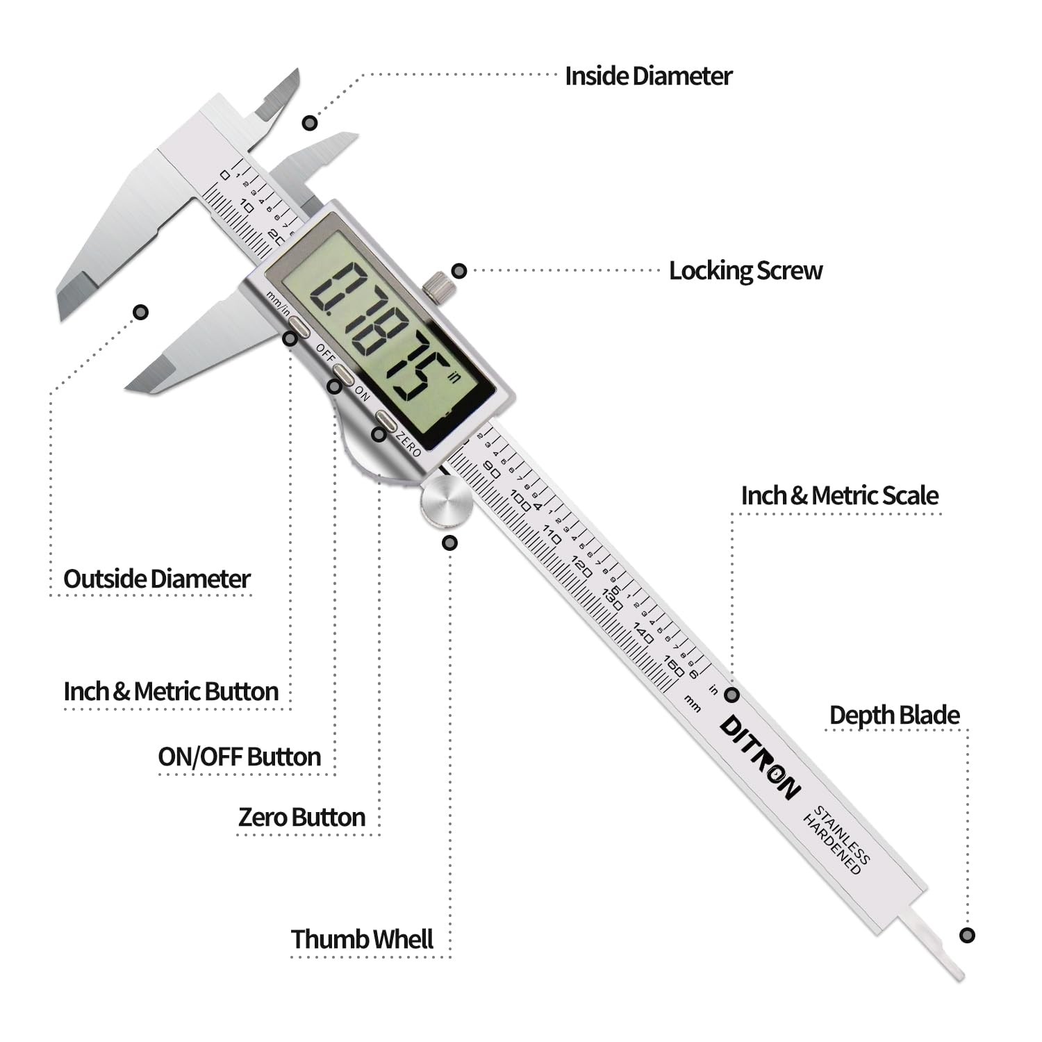 Digital Caliper Stainless Steel Electronic Vernier with LCD Screen 6in 150mm