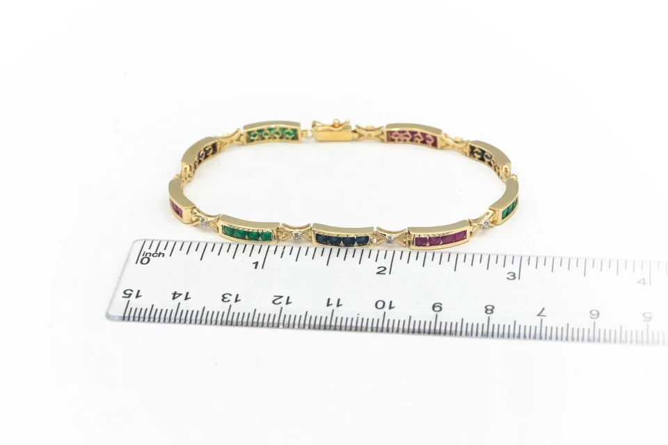 14k Yellow Gold 2.85CT Diamond Emerald Ruby Sapphire Fancy Line Bracelet - Image 4 of 4