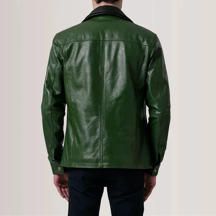 Forest Green Genuine Leather Jacket Classic Casual Winter Coat Button Front - product detail image 5