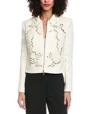 Oscar De La Renta Floral Detail Tweed Silk-Lined Wool-Blend Jacket Women's White