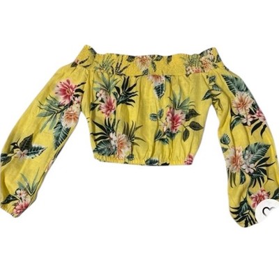 GUESS blouse short, Flowery yellow long sleeve, bare shoulders Size XL