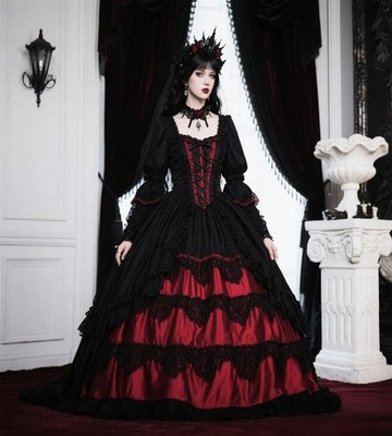 Gothic Black and Red Wedding Dresses Long Sleeves Layered Ruffles Bridal Gowns