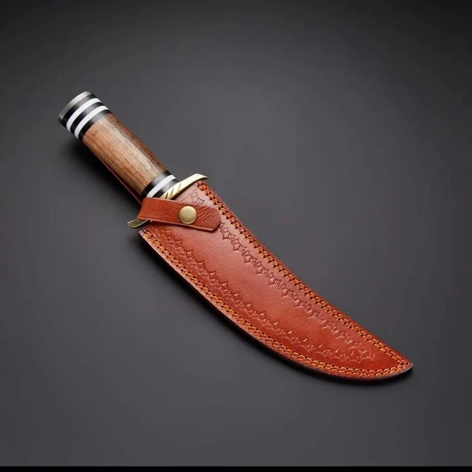 Cuchillo de caza Bowie hecho a mano acero Damasco con protector de latón y mango de madera Foto 4 de 4