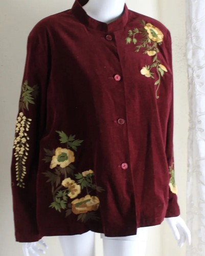 Susan Graver Gr. XL weinrot Boho bestickt Hippie tolle Samt Jacke Blazer