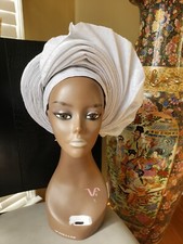 Aso-Oke African Headtie Auto Gele, Ready Made Gele White with touch of silver 