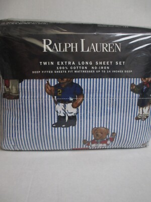 Ralph Lauren Polo TEDDY BEAR Blue White Striped EXTRA LONG Sheet