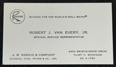Vintage 1950's J.B. ROERIG & COMPANY/PFIZER & CO. Business Card PHARMACEUTICALS