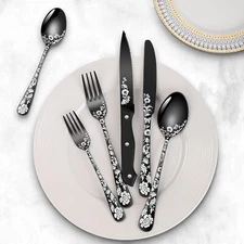 4-Person Set of 24 Black Silver Flatware Set with Steak Knife, Stainless Steel