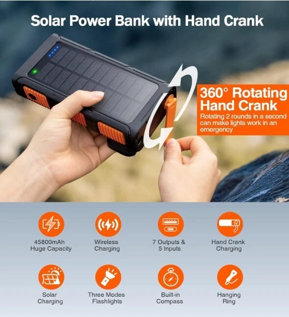 Power Bank Wireless Charger 45800mAh Built in Hand Crank and 4 Cables 15W Fas...