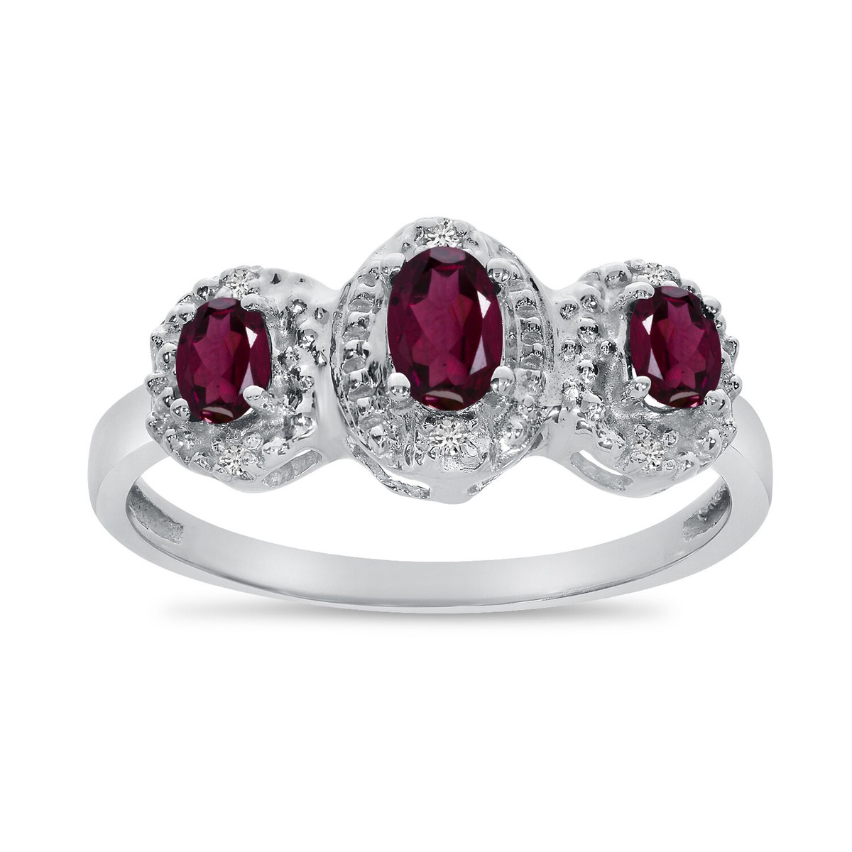 14k White Gold Oval Rhodolite Garnet And Diamond Three Stone Ring