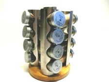 Rnd. Revolving Wood & Metal Spice Condiment Holder 16 Glasses 15 Spices Included