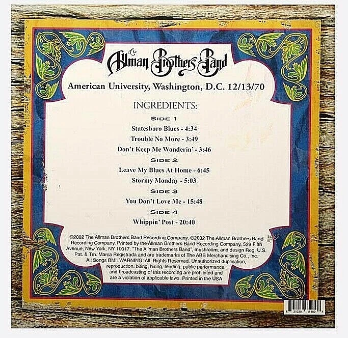 Allman Brother Band Live American University 12/13/70 Smoke Vinyl Newbury Comics - Image 2 of 4