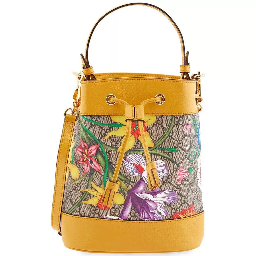 GUCCI Ophidia GG Flora Pattern Small Yellow Bucket Bag Purse COA Dust Bag  550621