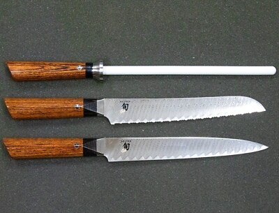 RARE Shun Kramer Knives - Damascus Bread, Slicer, & ceramic hone set
