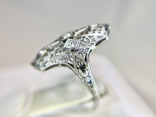 Art Deco 18k White Gold Natural Round Diamond Filigree Shield Cocktail Ring - Picture 4 of 6