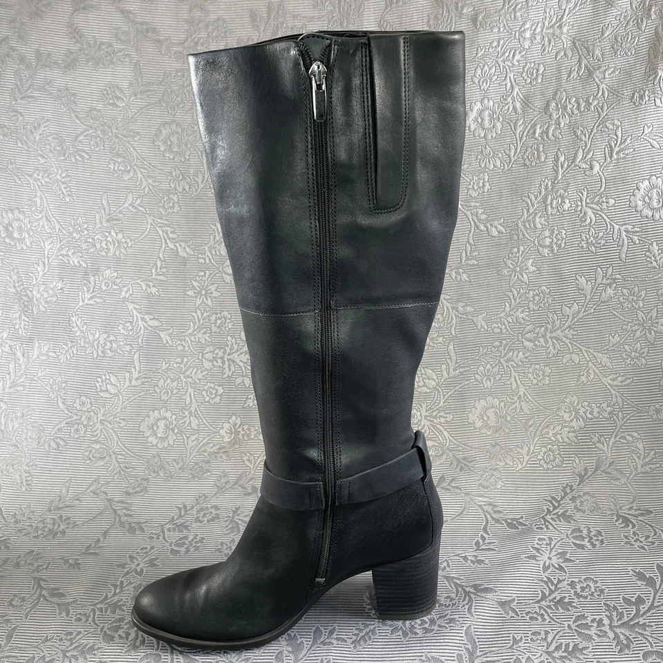 Botas ECCO de cuero negras con hebilla lateral cremallera tacón alto hasta la rodilla EU40 US 9.5 Foto 3 de 4