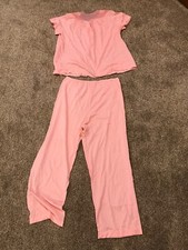 Shadowline Pajama Set 2 Pc Peach Nylon Floral Lace Top Pants Elastic Size 38Vtg