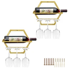 2Pcs Wall Mounted Wine Bottle Stemware Rack Metal Hanging Display Holder with