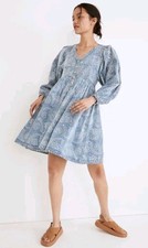 Madewell Bubble Sleeve Button Front Mini Dress Womens Xs  Indigo Floral Paisley
