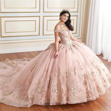 Shiny Pink Quinceanera Dress Ball Gown Gold Lace Applique Beading Bow Sweet 16