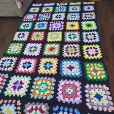 Colorful Handmade Floral Granny Square Crocheted Vintage Lap Blanket 30 x 56