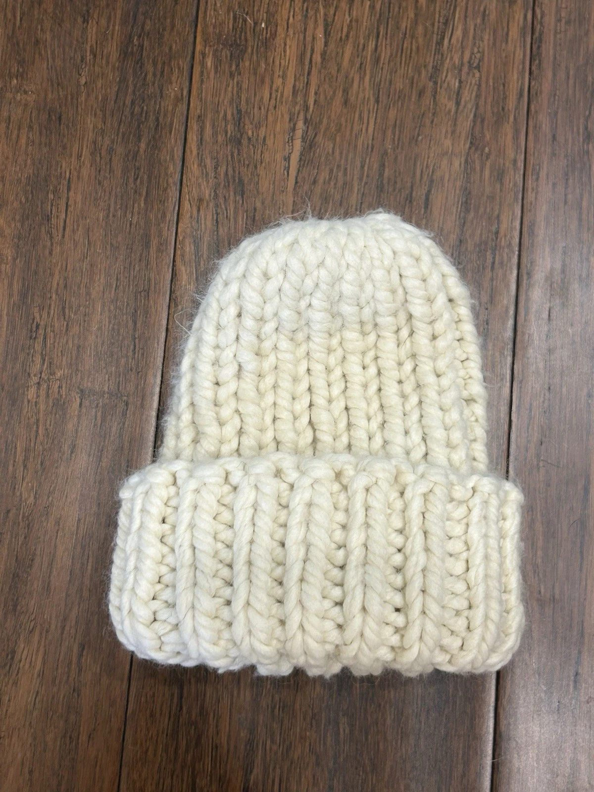 Childrens Rib Knit Fisherman White Wool Blend Chunky Handmade Beanie 8.5” NEW