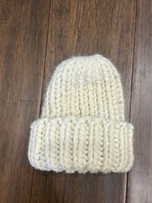 Childrens Rib Knit Fisherman White Wool Blend Chunky Handmade Beanie 8.5  NEW
