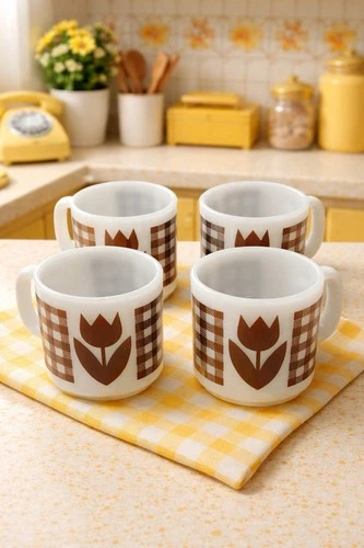 Set Of 4 Retro Jeannette Glasbake Vintage Brown Tulip Gingham 9oz Mug Milk Glass