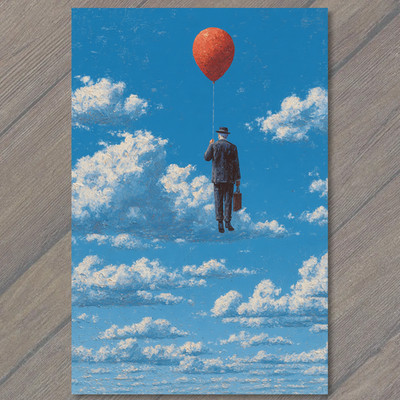 Art Print Surreal Man Floating Red Balloon Blue Sky Clouds