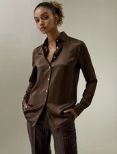 Women’s LilySilk Spread Collar Shirt Shell Button Down Chocolate 100% Silk Large