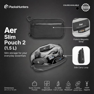 Aer Slim Pouch 2 Black Tech Organizer Cordura Cable Bag 1.5L Travel Pouch