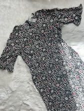 LOFT Floral Midi Dress NWT Size 12 Black White Pink Ruffle Sleeve Viscose Casual