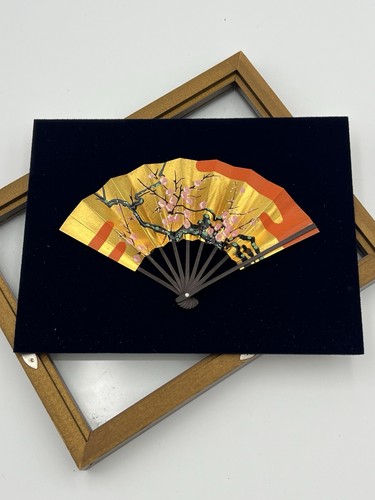 Vintage Framed Gold Floral Asian Folding Fan Hand Painted Cherry Blossoms 8.5" w - Picture 12 of 16