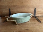 Vintage Pyrex Sage Green Golden Scroll Oval Casserole Dish Original Metal Cradle