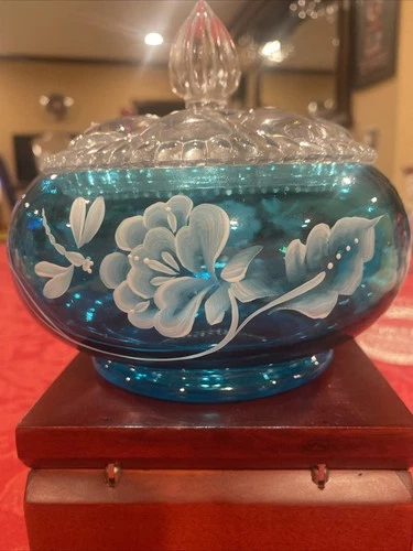 Rare Vintage  Fenton Glass  Hand Painted Powder/Candy Dish-Limited Edi Signed