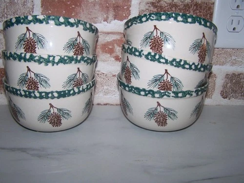Set 6 TIENSHAN Folk Craft Pine Cone Soup Cereal Bowls 5 3/4" Sponge Ware Pottery