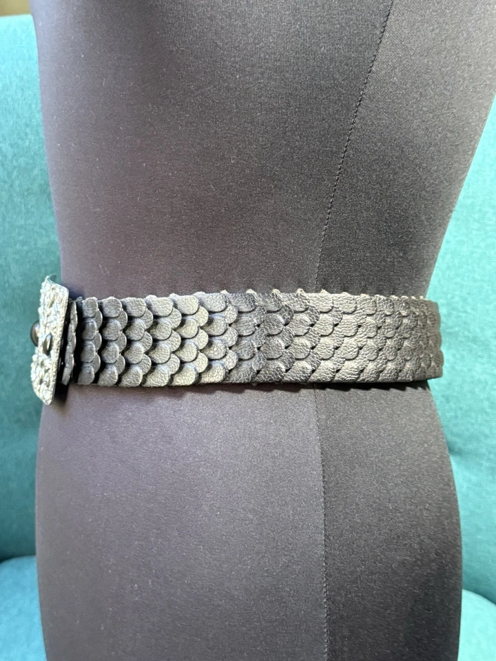 Cinturón Texturizado Vintage Escala Negro Ornamentado Plata Hebilla Piedras Elástico Gótico M Foto 2 de 4