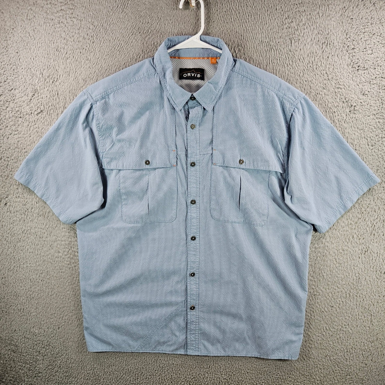 Orvis Mens XL Blue Micro Check Short Sleeve Ventilated Fishing Shirt