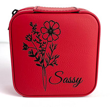 Vegan Leather Flower Jewelry Case   Red Floral Travel Organizer 4" x 4" x 2" 