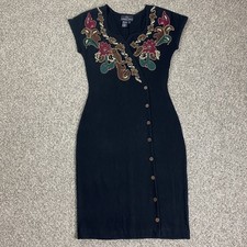 VTG Carole Little Dress Small Black Wool Blend Floral Embroidery Button Pullover
