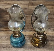 Set Of 2 Vintage Mini Glass Hurricane Lamp 8in. With Reflector Blue And Yellow J