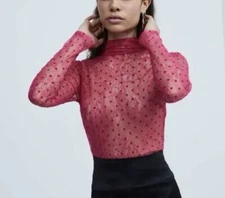 NWT! For Love and Lemons Cella Turtleneck Top Large Pink Lace Polka Dots