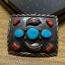 Vintage Native American Signed A.S. Sterling Silver Turquoise Coral Belt Buckle