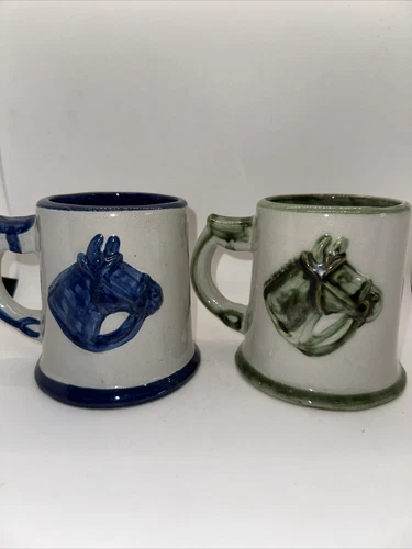 SET OF 2 VTG JOHN B TAYLOR CERAMICS LOUISVILLE KY 3D HORSE MUGS GREEN AND BLUE