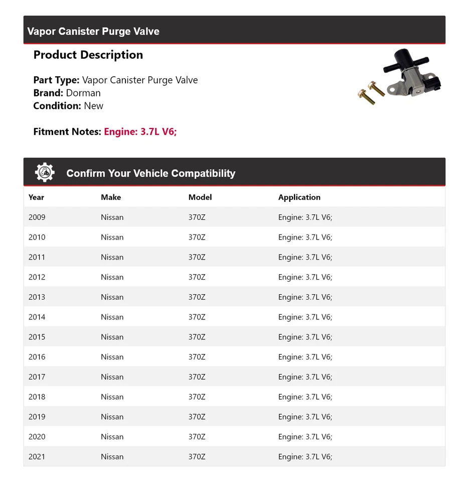For 2009-2021 Nissan 370Z 3.7L V6 Dorman Vapor Canister Purge Valve 2010 2011 - Image 2 of 4