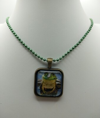 Frog Ball Chain Cute Green Frog Handcrafted Glass Dome Necklace, Bronze Toned Ball ...