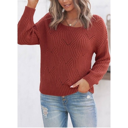 #Mode Damen Pullover Langarm ausgehöhlt strukturiert weicher Rundhalsausschnitt Strickpullover