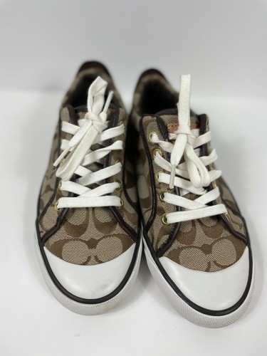 Coach Brown Tan Barrett II Monogram Signature Fabric Lace Up Sneaker - Size 6 - Picture 2 of 6