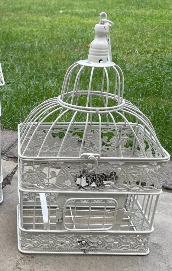 Small Vintage Cream Bird Cage Hanging Basket Garden Planter Plant Pot